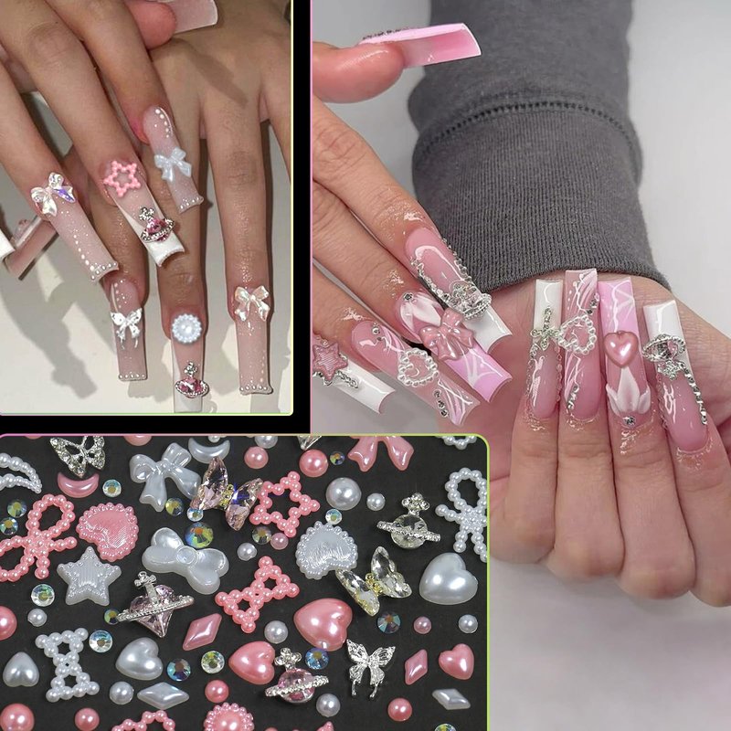 DZHILHMX Assorted Nail Charms - 3D Multi Shapes Size, Flat Back Rhinestones, Planet, Butterfly, White Pink Pearl, Bow, with Kit, for Nail Art