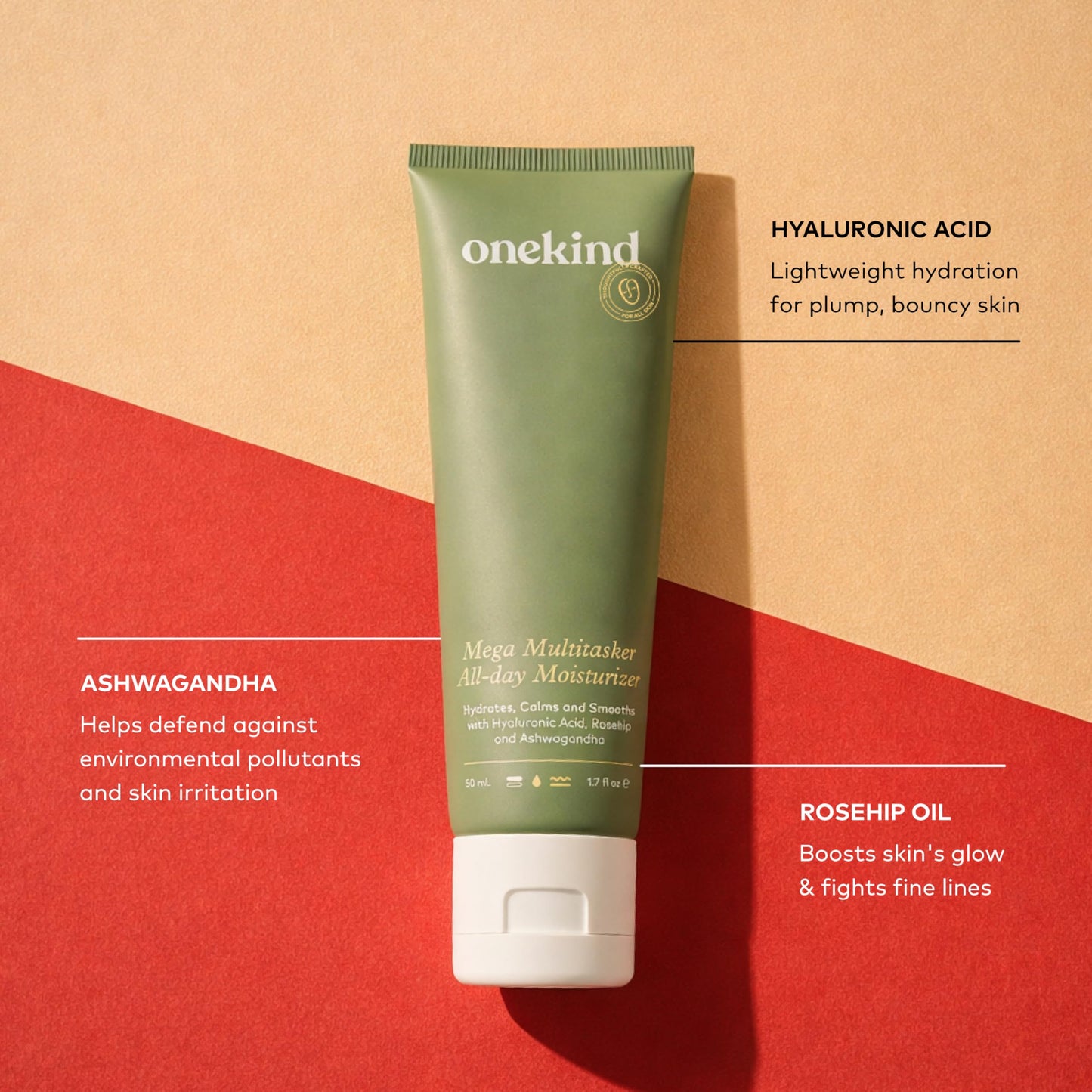 Onekind Mega Multitasker All-Day Moisturizer, Hydrating Face Cream with Hyaluronic Acid and Glycerin, Fragrance-Free Anti-Aging Moisturizer for Sensitive & Mature Skin, Clean Skincare, 1.7 oz