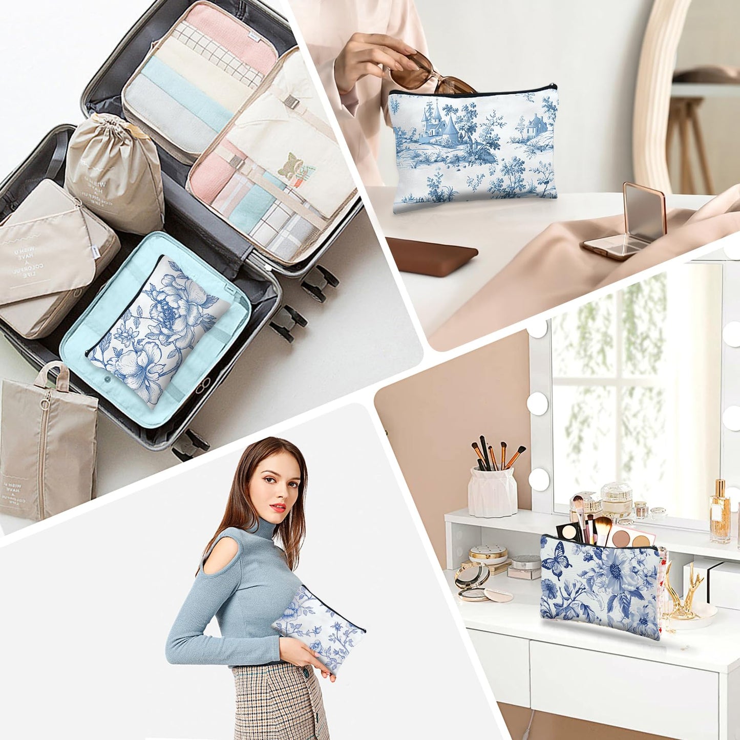 Stuffygreenus 24 Pcs Floral Cosmetic Bags Bulk for Women Blue and White Floral Makeup Bags Chinoiserie Canvas Travel Zipper Pouches Aesthetic Toiletry Bag for Girls Women Bridesmaids Wedding Supplies