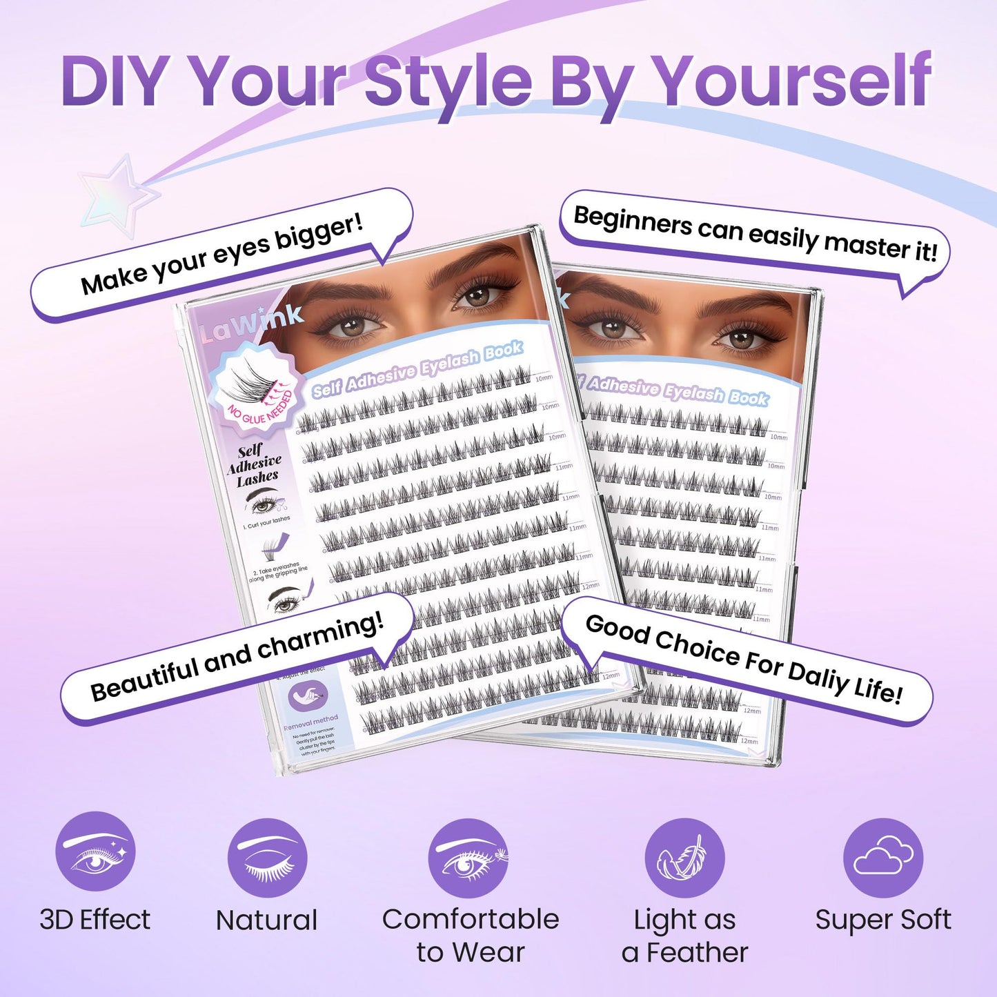 LAWINK Pre Glued Lash Clusters, 132PCS, 10-12MM, C-Curly