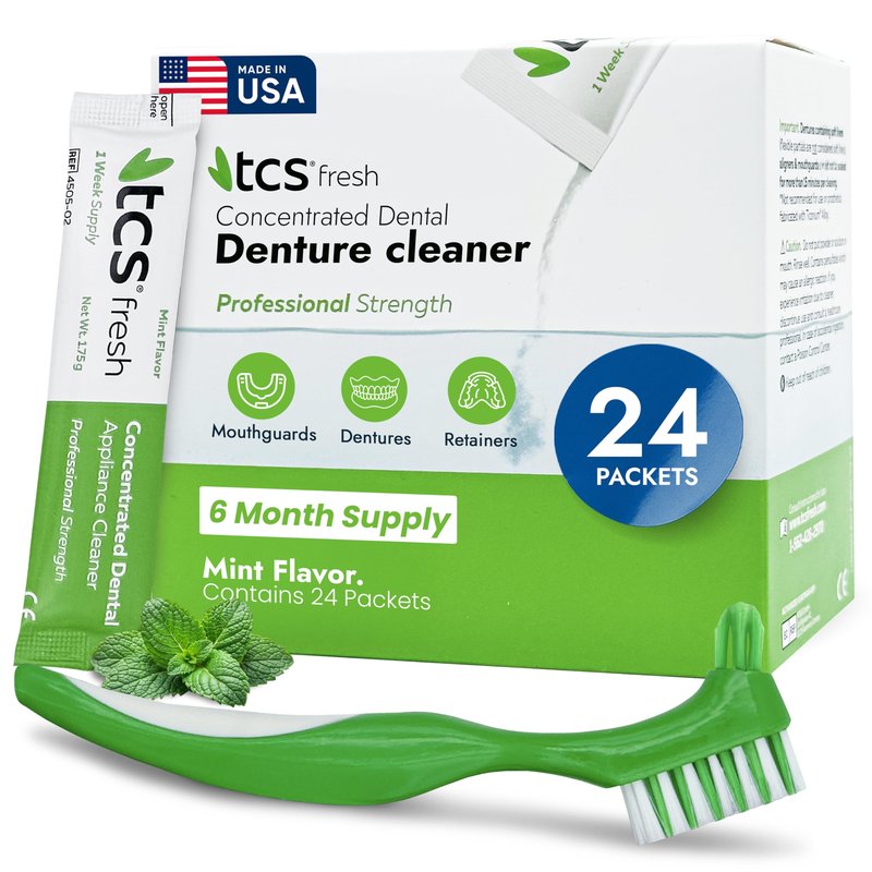 TCS Fresh Concentrated Dental Appliance Cleaner Set, Professional Denture and Retainer Cleaner Powder with Soft Bristle Brush (24 Packets, 6 Month Supply, Mint Flavor)