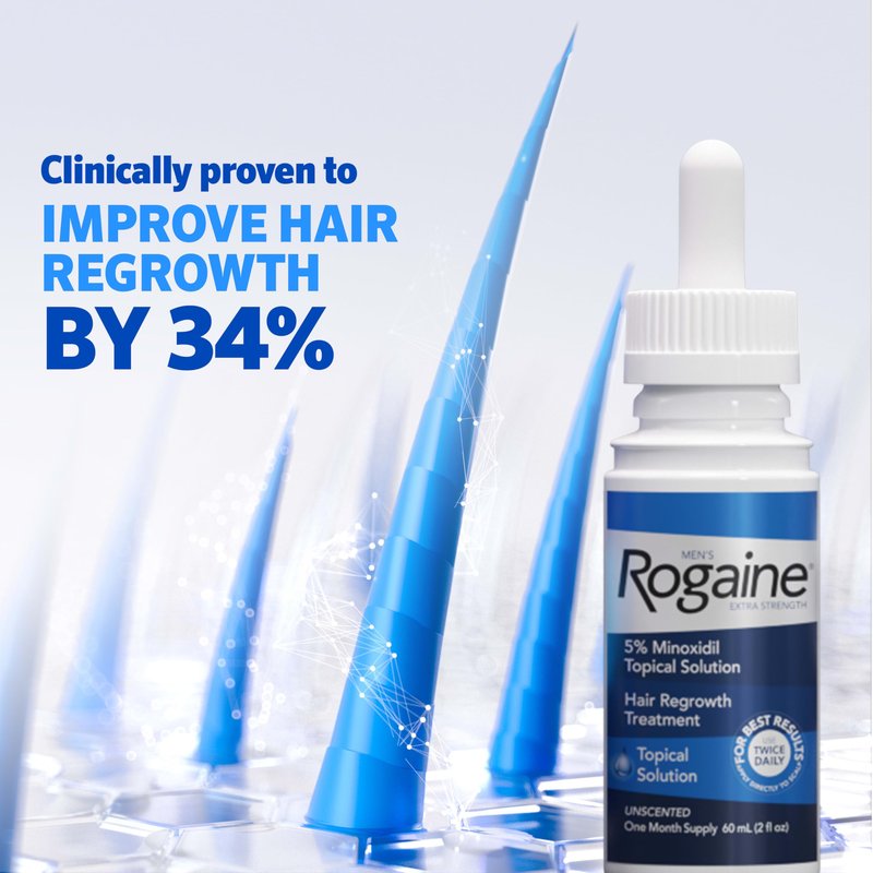 Men's Rogaine Extra Strength 5% Minoxidil Topical Solution for Hair Loss & Regrowth, Topical Treatment for Men, Unscented Minoxidil Follicle Booster Solution, 1-Month Supply, 2 fl. oz