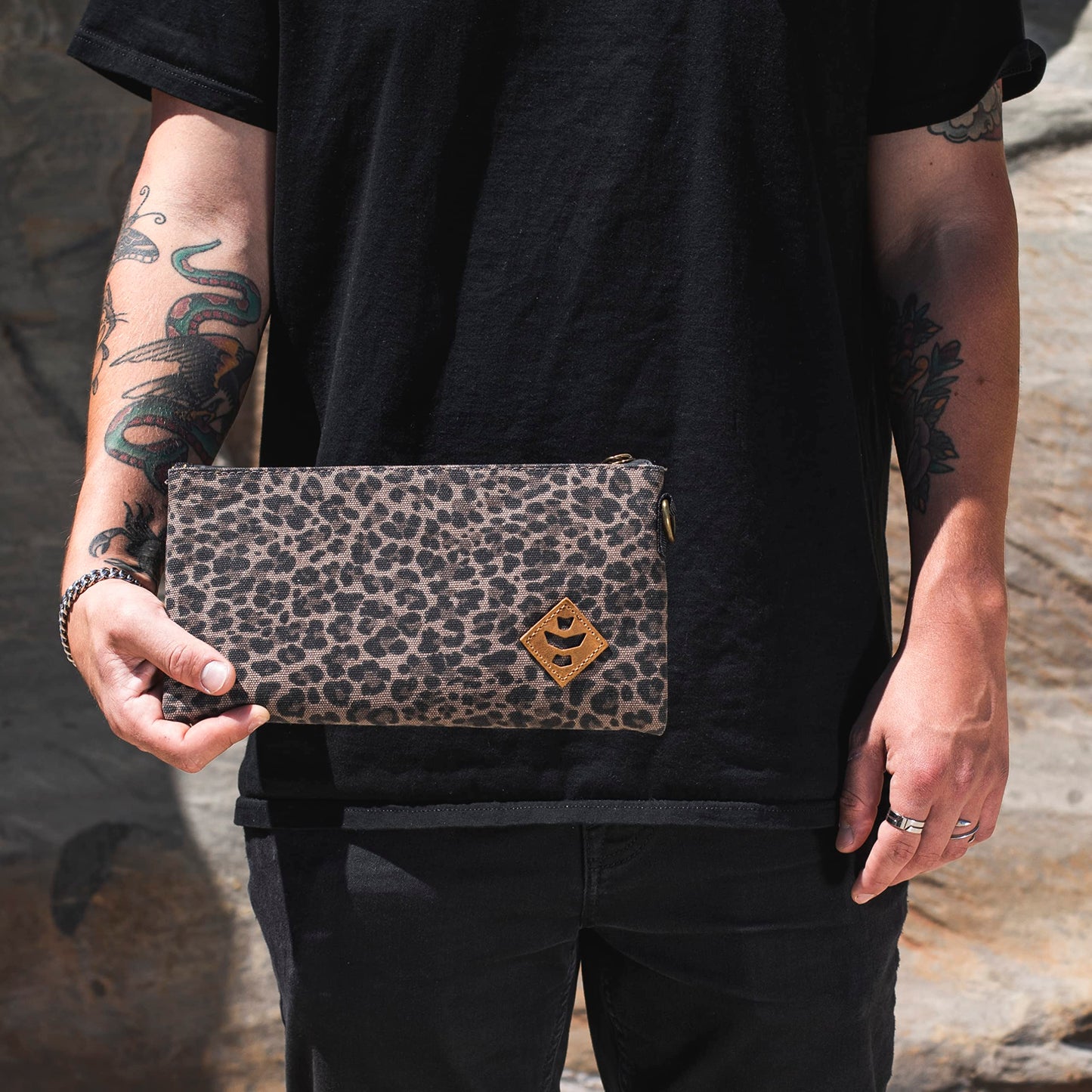 Revelry Supply Broker - Water Resistant, Padded, Lockable, Pocket Size Bag, Pouch With Carbon Filter System 11” x 6" - 0.5L (Leopard)