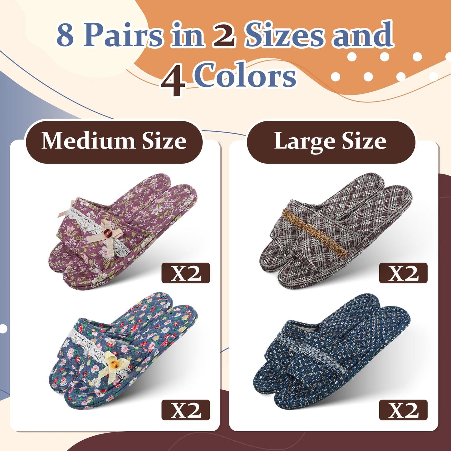 Mepase 8 Pairs Cotton House Indoor Slippers for Guests Washable Home Open Toe Floral Slippers for Women Men