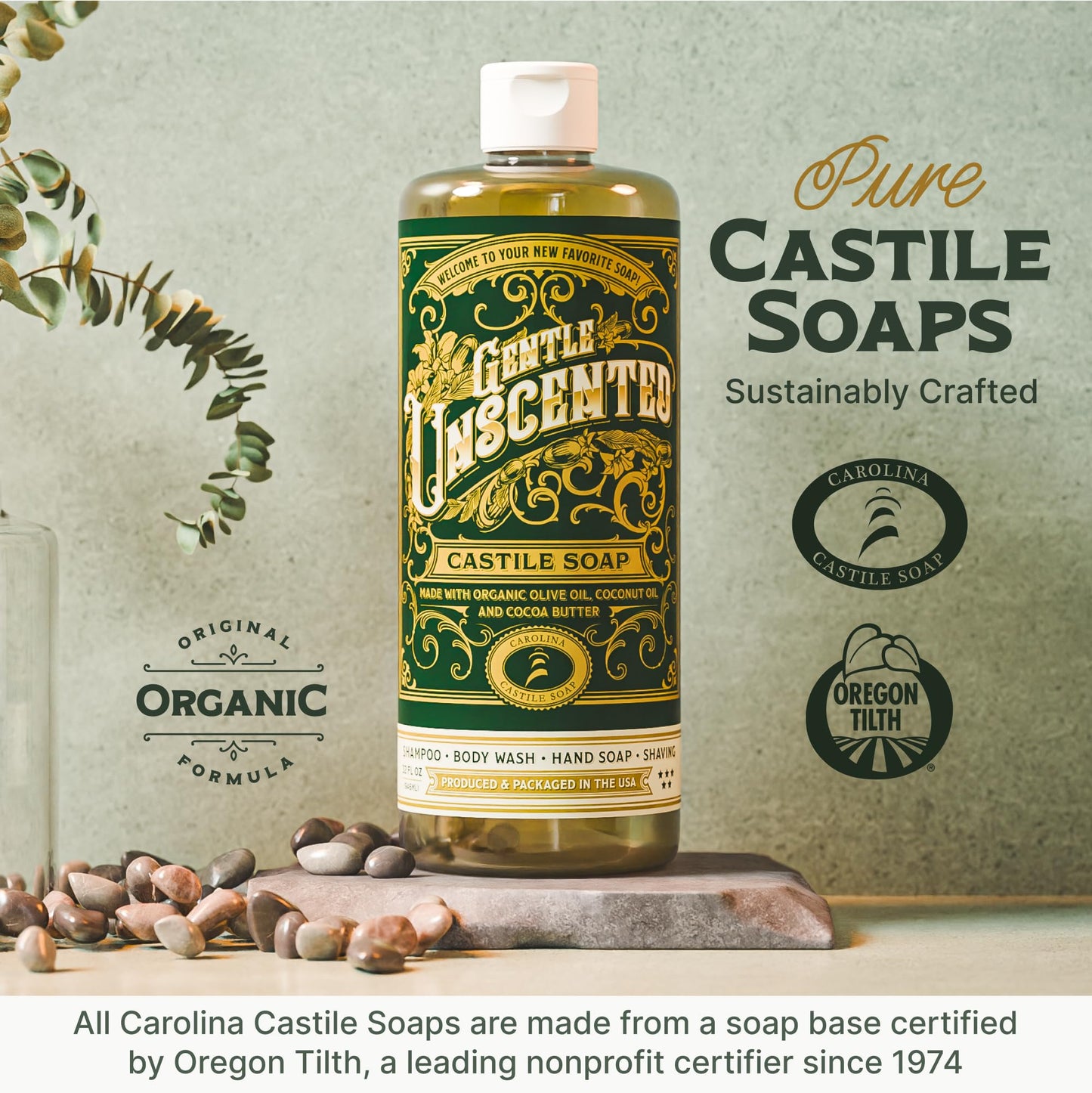 Unscented Liquid Castile Soap – Vegan Organic Soap & Body Wash, High Olive Oil Content, Non-Drying Formula, Great for Sensitive Skin by Carolina Castile, EWG Verified (Unscented, 1 Gallon)