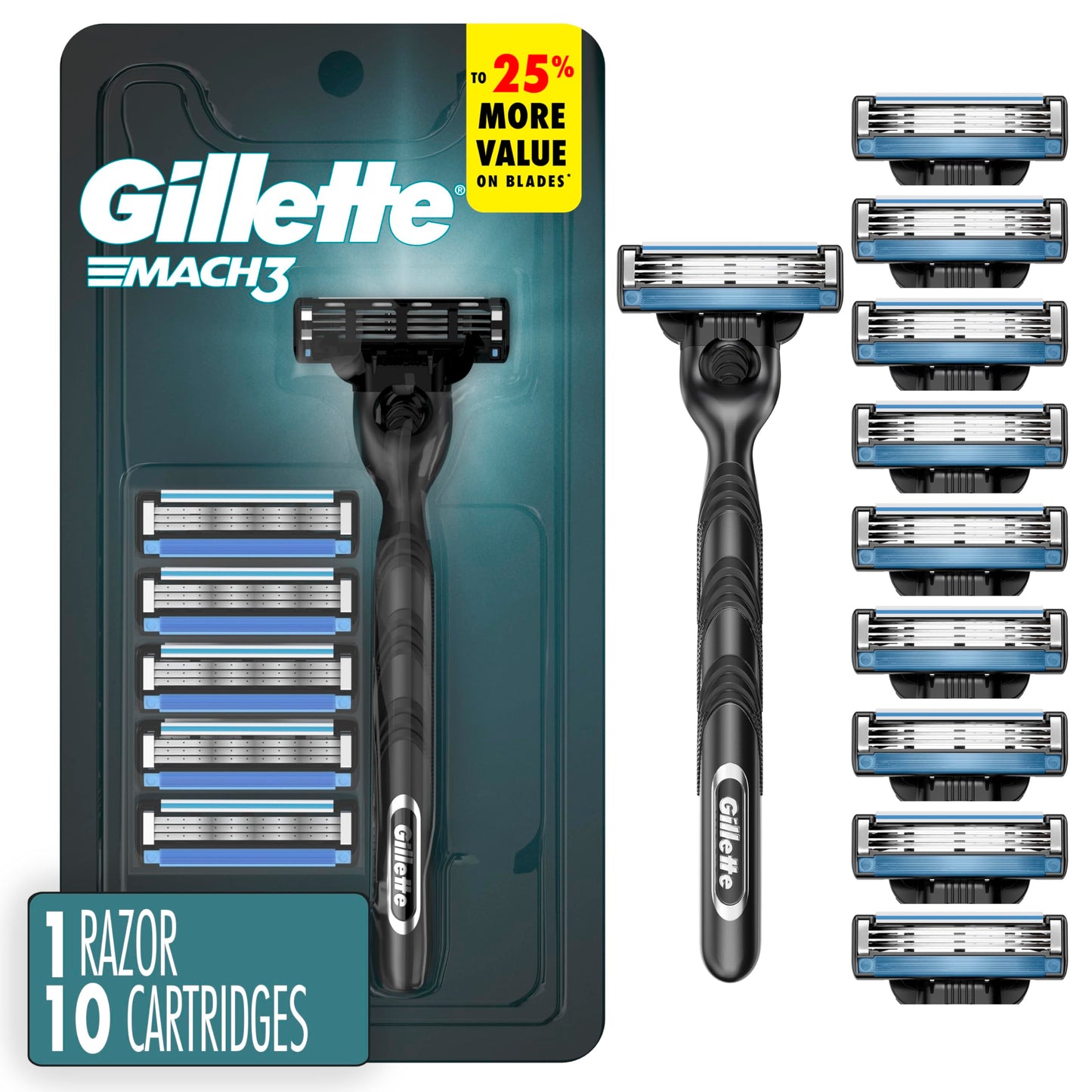 Gillette Mach3 Shaving Razor for Men, 1 Razor Gillette 3-Blade Handle for Men’s Grooming, 10 Razor Blade Refills, Lubrication Strip