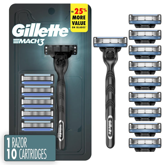 Gillette Mach3 Shaving Razor for Men, 1 Razor Gillette 3-Blade Handle for Men’s Grooming, 10 Razor Blade Refills, Lubrication Strip
