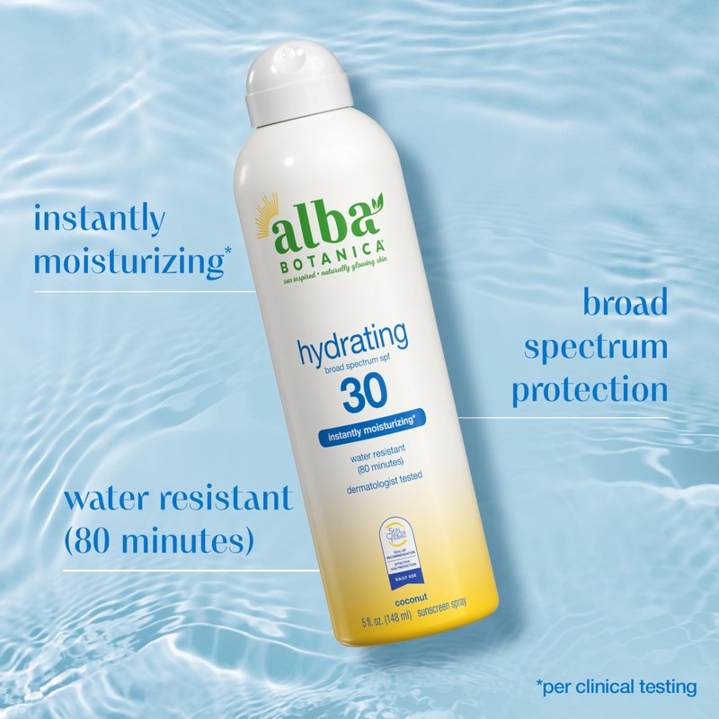 Alba Botanica Hydrating Sunscreen Spray, SPF 30 Broad Spectrum Protection, Instantly Moisturizing, Water Resistant (80 minutes), Hypoallergenic, Oxybenzone-Free, 5 Fl. Oz