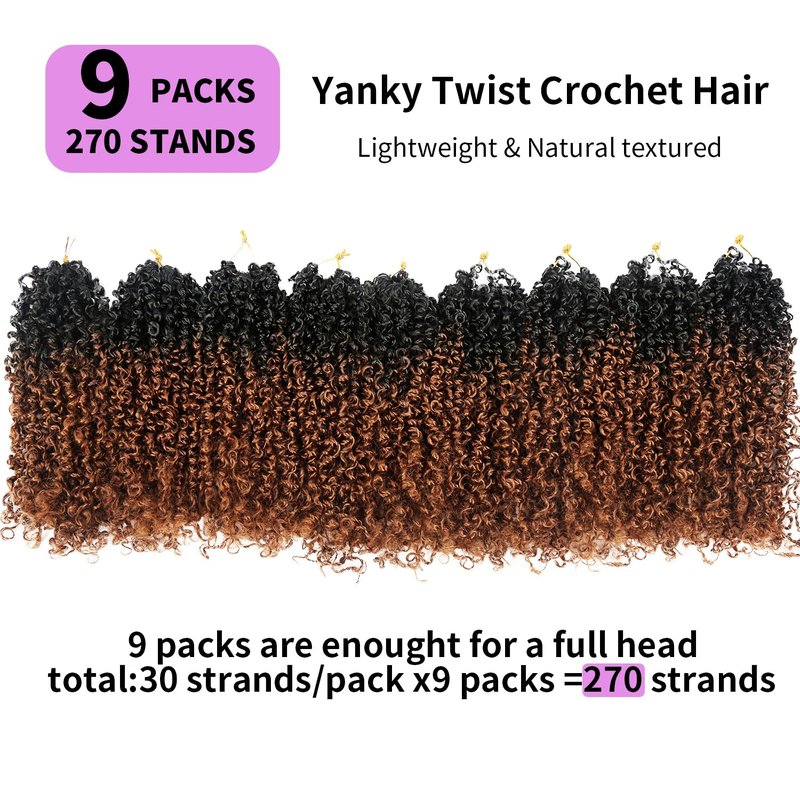 12 Inch Yanky Twist Crochet Hair 9 Packs (270 Strands Total) Pre-looped Yankee Twist Hair Crochet Braids for Women,Senegalese Twists Crochet Hair with Curly Ends Synthetic Crochet Braids (OT1B/30)