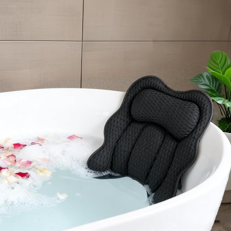 Bath Pillow for Tub - Ergonomic 4D Air Mesh Cushion for Head, Neck & Back Support | Quick-Drying & Machine Washable (Black)