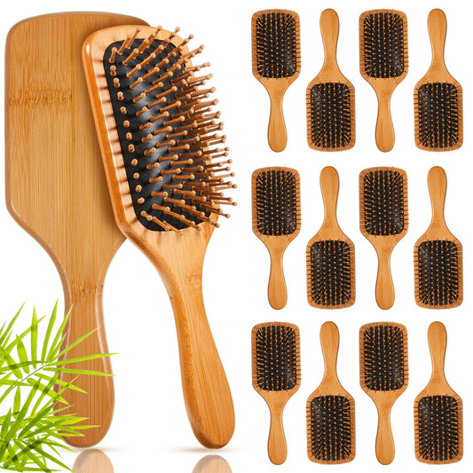 Tessco for you 12 Pcs Bamboo Hair Brushes Bulk Blank Wooden Paddle Brush Natural Scalp Massage Anti Static Hairbrush Engraving DIY Gifts for Women, Wedding, Party(9.65'' X 3.35'',Black)