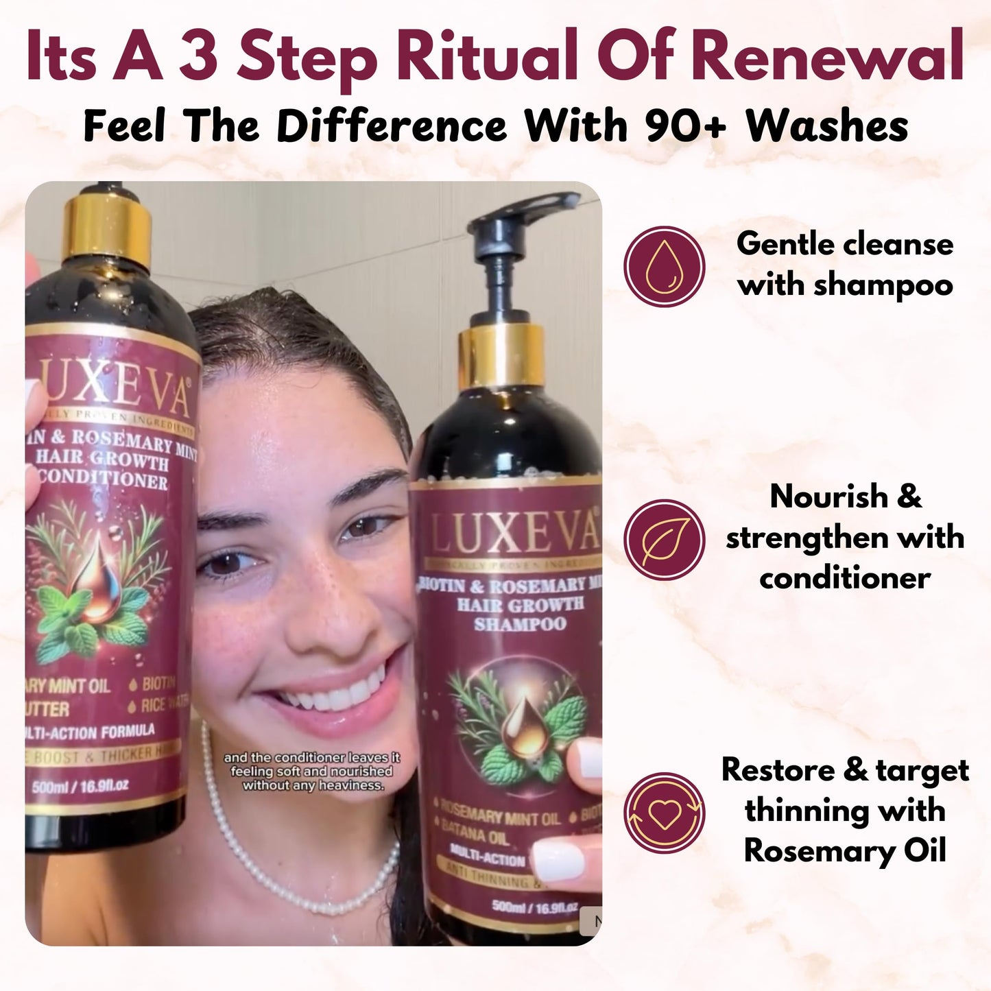LUXEVA 3 in 1 Biotin & Rosemary Mint Shampoo & Conditioner Set For Women | Professional Botanical Hair Growth Shampoo and Conditioner For Thinning Hair, Scalp Health & Natural Volume | 16oz Each