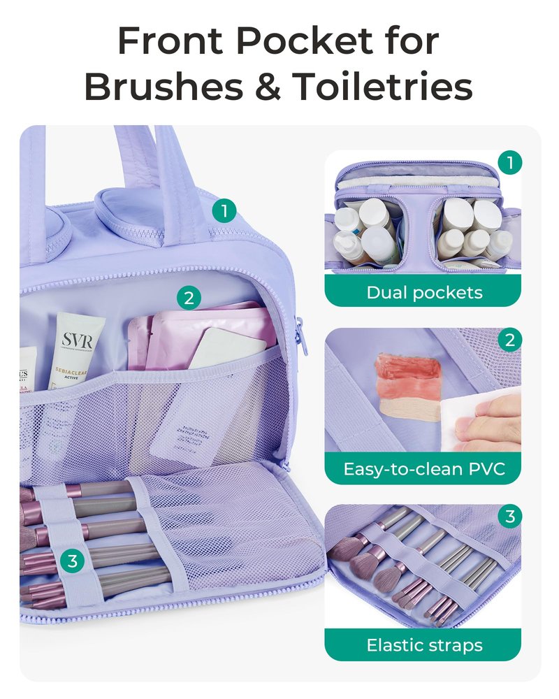 BAGSMART Travel Toiletry Bag, Crush Toiletry Bag for Women, Wide-open Puffy Toiletry Bags for Traveling, Large Travel Cosmetic Makeup Bag Organizer for Accessories,Toiletrie, Purple
