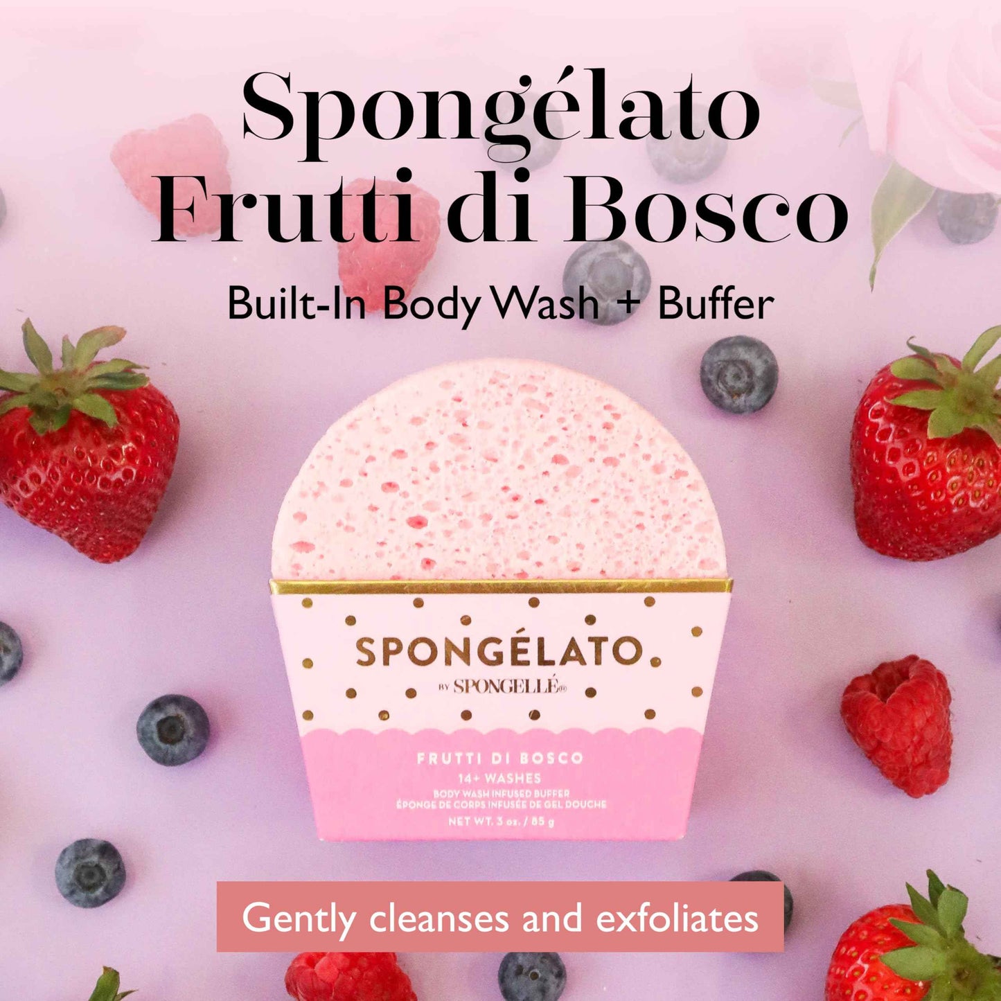 Spongelato Loofah Exfoliating Body Scrubber by Spongelle | Infused with Body Wash | Bath & Shower Loofah for Women | 14+ uses | Frutti di Bosco (Mixed Berries) Gelato Inspired