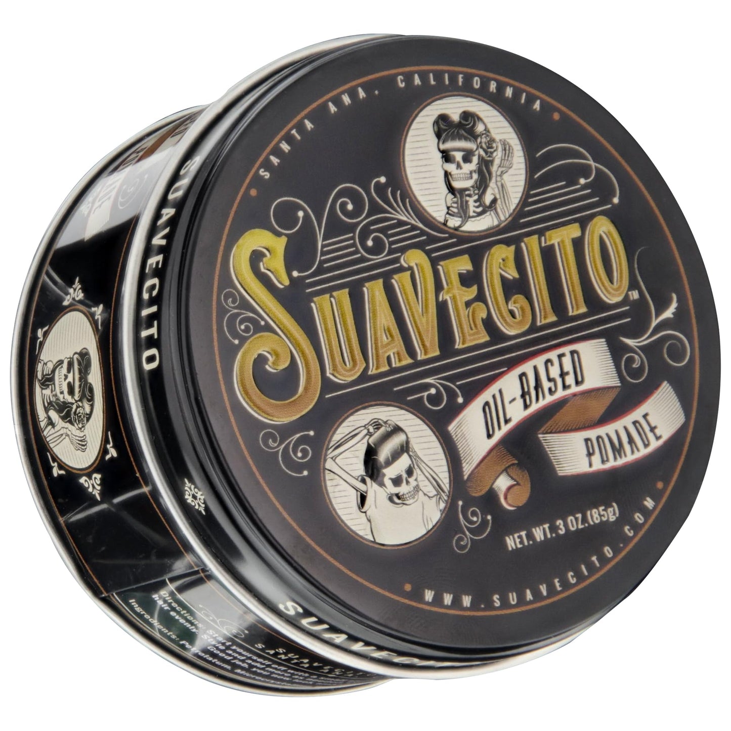 Suavecito Oil Based Pomade 3 oz Tin Can - Original Scent Hair Styling Long Lasting Hold, Healthy High Shine, For All Hair Types - Smooth Slickback To Pompadour Rockabilly Style Grease