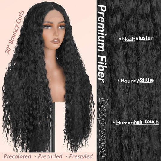 MS.FEEL Long Deep Curly Wig Synthetic Lace Front Wigs Glueless 13x5x1 HD Transparent Lace Wig Pre Plucked Natural Hairline Wavy Wigs for Black Women (#1B Natural Black, 28 Inch)