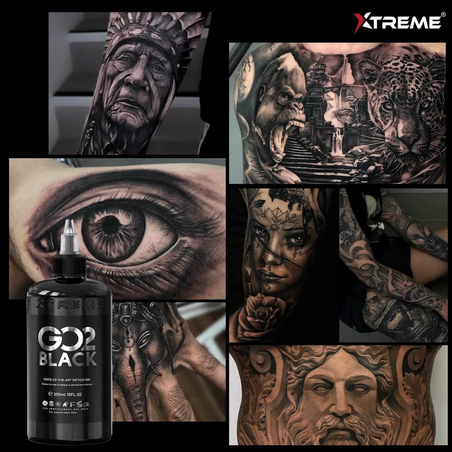 Xtreme GO2 Black Tattoo Ink 10oz – Professional Tattoo Ink for Bold Fillings & Shading, Long-Lasting Vivid Color, Highly Concentrated & Fade-Resistant, Smooth Application, Vegan Tattoo Ink