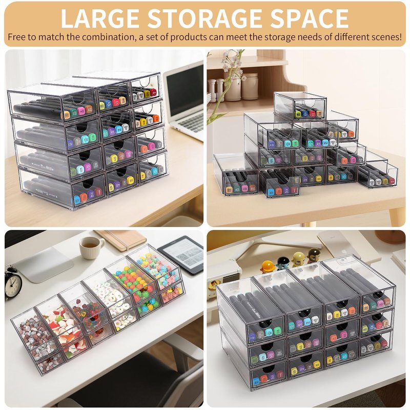 WUHUME Desk Organizer with Drawers, Stackable Plastic Storage Drawers for Makeup or Desk Organization, Cabinets for Office Dressing Countertop Bathroom Bedroom (12 Packs)