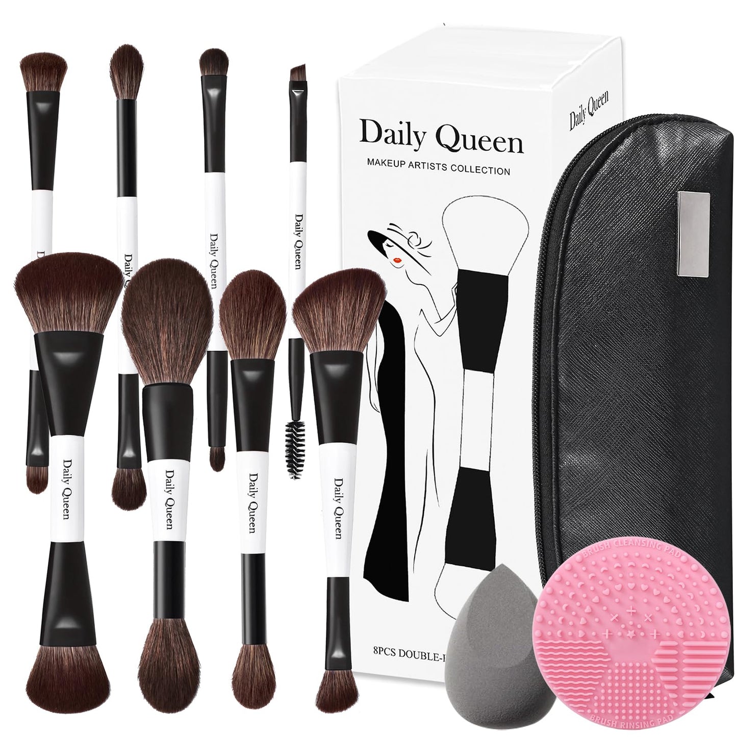 Daily Queen Portable Makeup Brush Set 8pcs Dual Kabuki Powder Concealers Eye shadows Blush Eyeliner Eyebrow Contour Eye blending Brushes (8IN16 brush set with cleaner &Sponge &b)