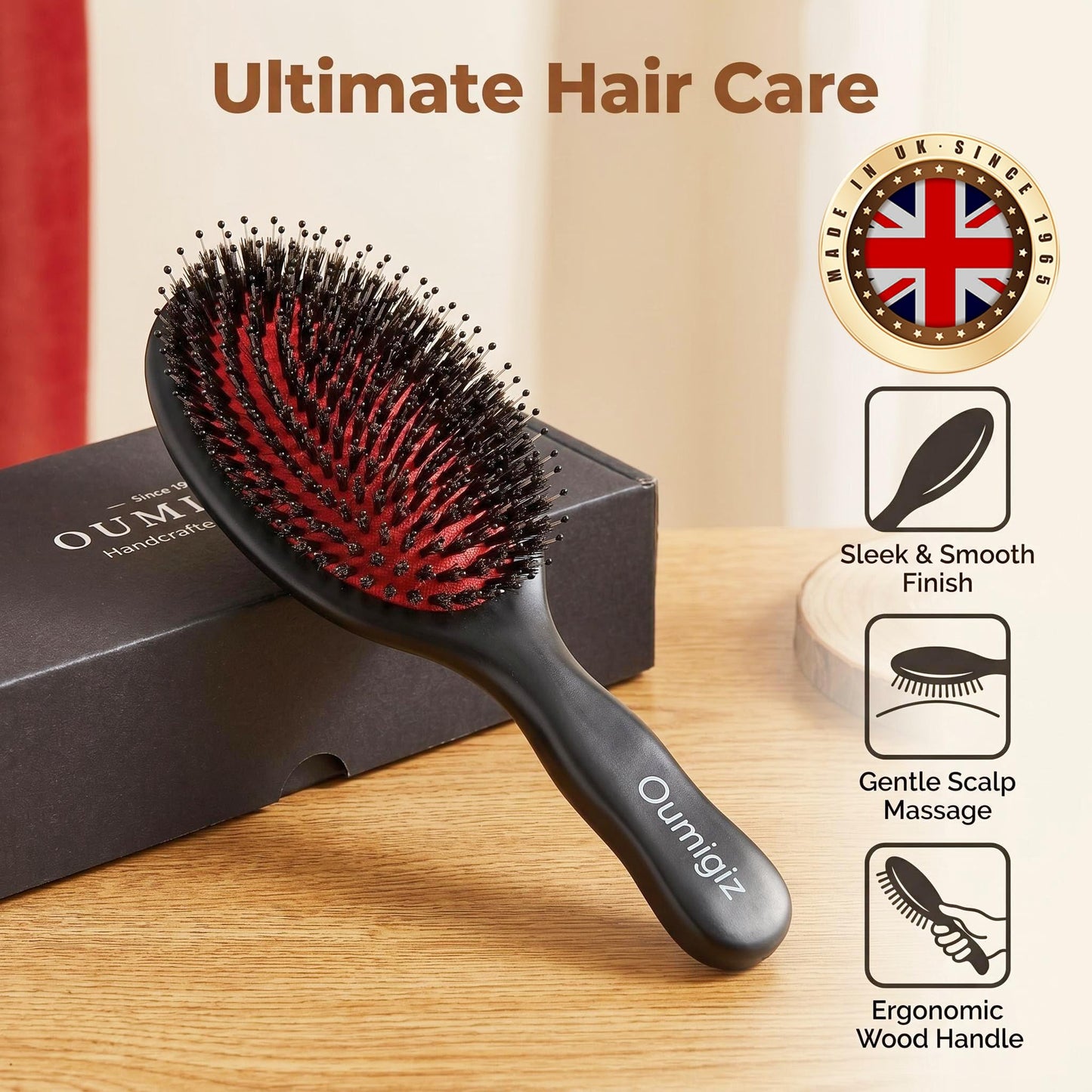 OUMIGIZ Boar Bristle Hair Brush Since 1965 British Craftsmanship, Handmade Natural Wood Slick Back Hairbrush, Gentle Detangling Smoothing Women Men Kids Curly Thick, Fine Hair