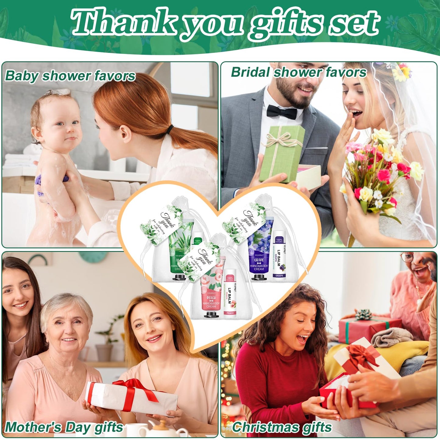 VESPRO 50 Sets Hand Cream Bulk and Lip Balm Bulk Gifts, Mothers Day Gifts and Wedding Shower Favors for Guests with Thank You Card and Organza Gift Bags, Teacher Gift and Nurse Gift