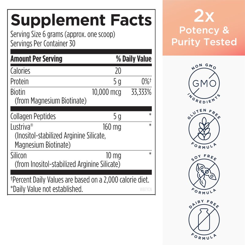 Designs for Health Whole Beauty Collagen - Collagen Peptides, Silica & Biotin Powder to Support Hair Skin and Nails - Support Hair Strength & Fullness (30 Servings)