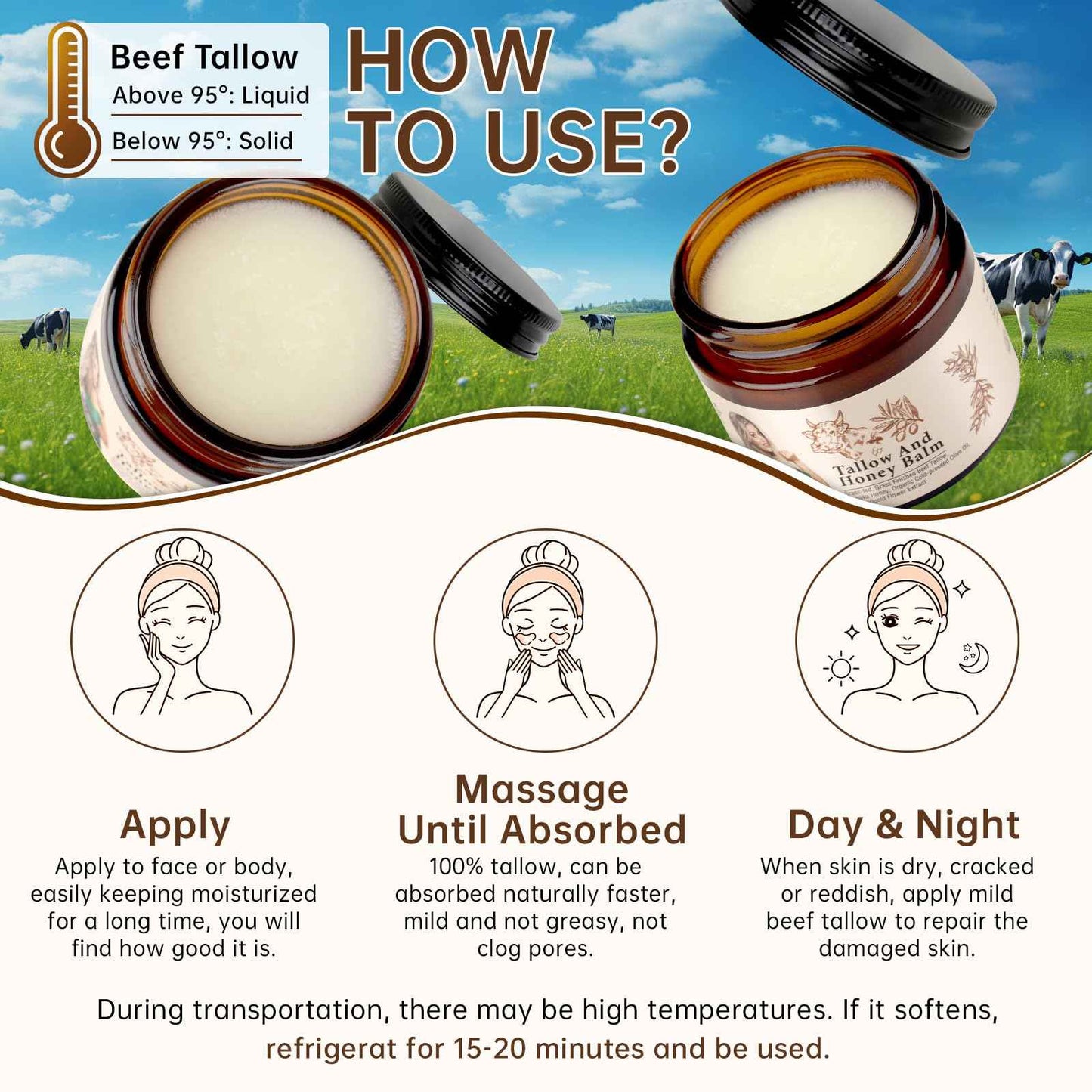 Grass Fed Beef Tallow and Honey Balm For Skin, Organic Beef Tallow Face Cream For Dry Skin, Deep Moisturizing Tallow Body Butter Lotion For Cracked Skin Care, 2 OZ Beef Tallow Moisturizer, 2 PCS.