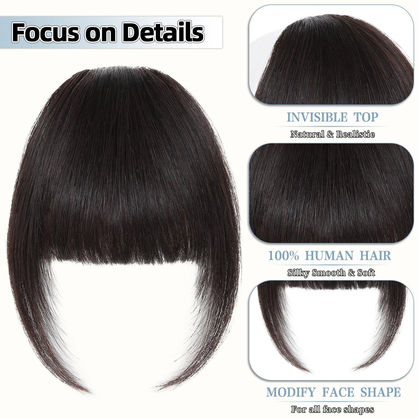 Niceone Hair Clip In Bangs for Women, Brown Black French Bangs Hair Clip with Temples, 100% Real Human Hair Layered Curved Fringe for Halloween and Daily Use(Brown Black, French Bangs)