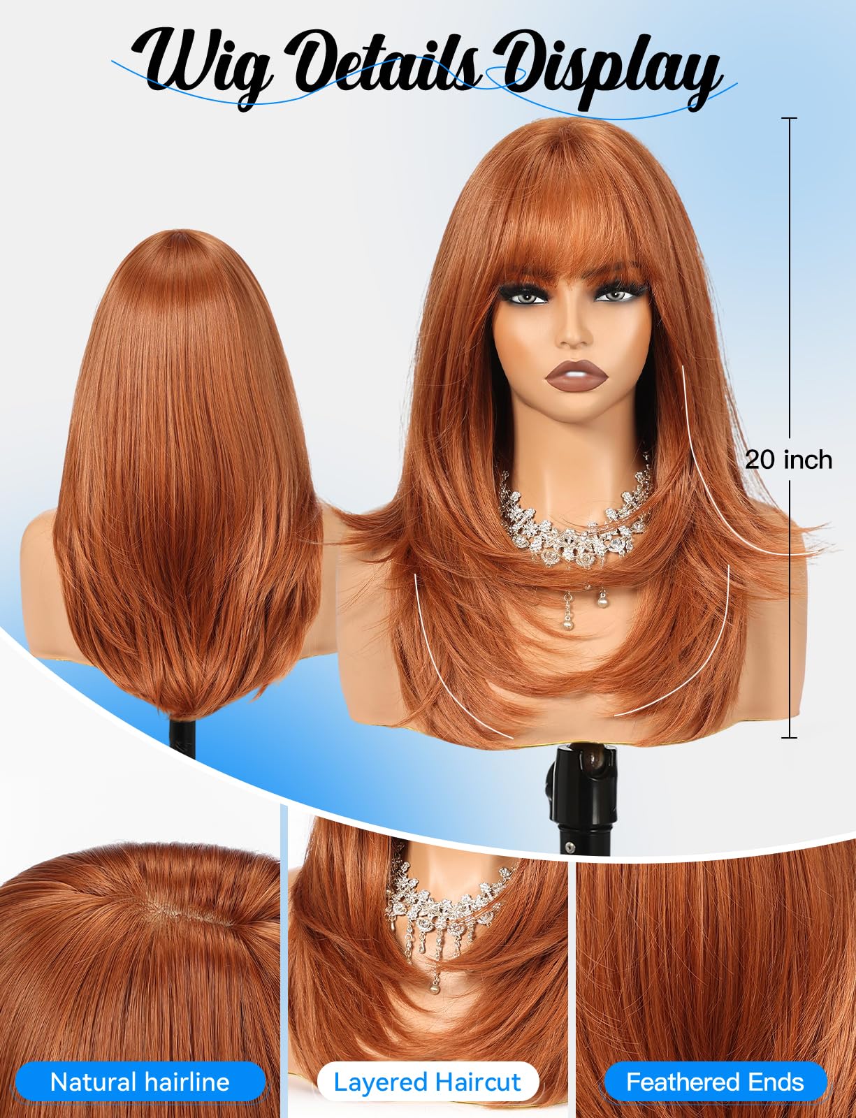 HAIRCUBE Layered Auburn Medium Long Straight Synthetic Wigs for Women with Bangs Heat Resistant Natural Look for Daily Use
