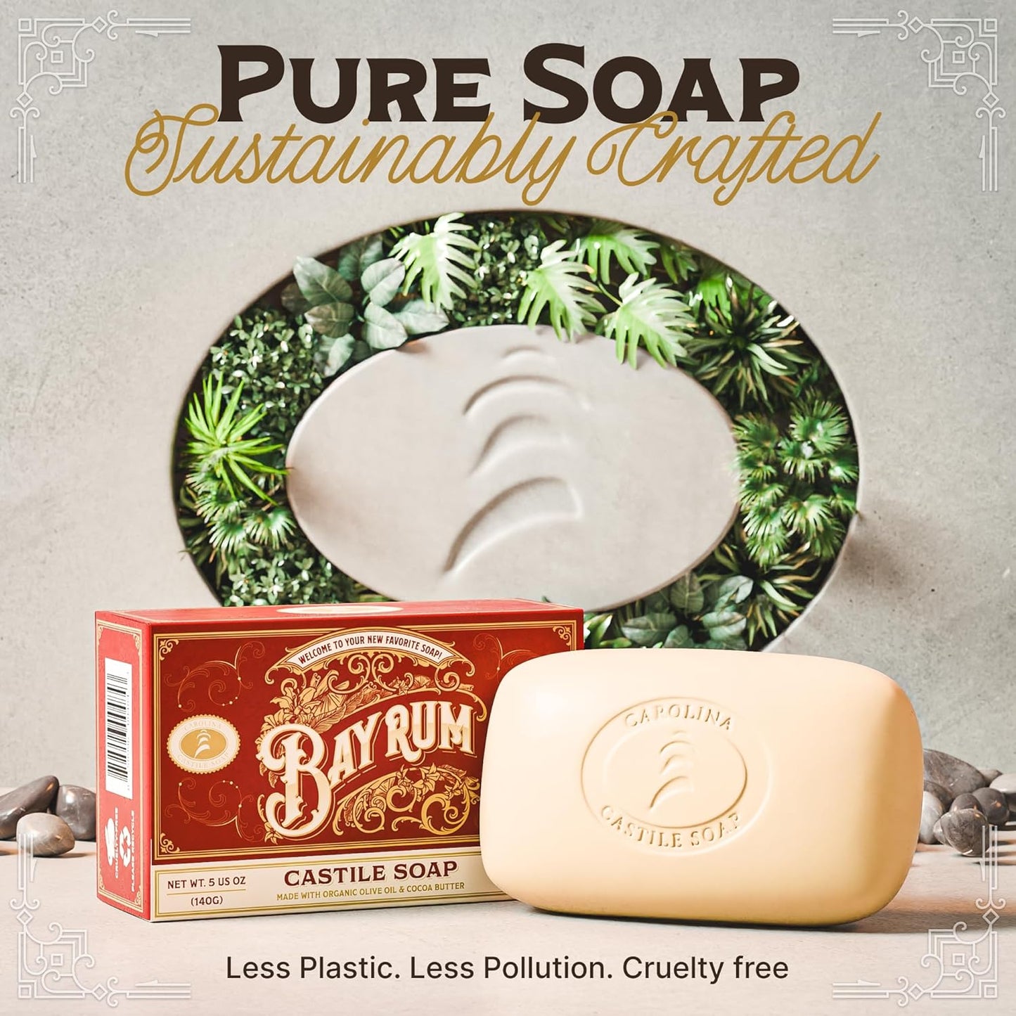 Castile Soap Bar for Sensitive Skin - Natural Olive Oil & Cocoa Butter | Vegan Bay Rum Scent, 5 oz