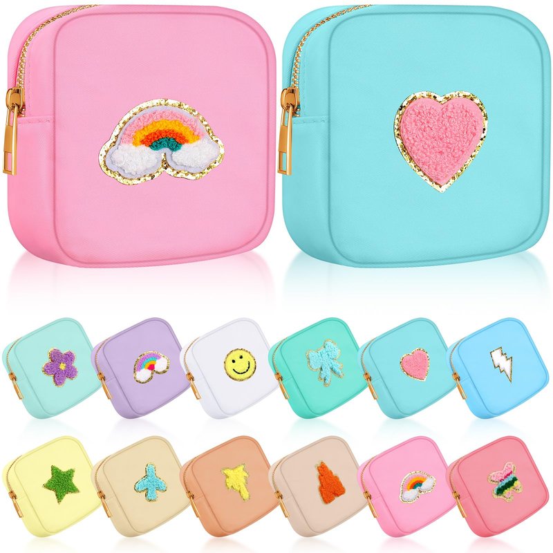 Sumind 12 Pcs Preppy Patch Makeup Bag Bulk Cute Mini Pouch Bag Gift Nylon Travel Cosmetic Toiletry Portable Organizer Storage Purse Small Zipper Pouch Daily Use Storage Purse for Women