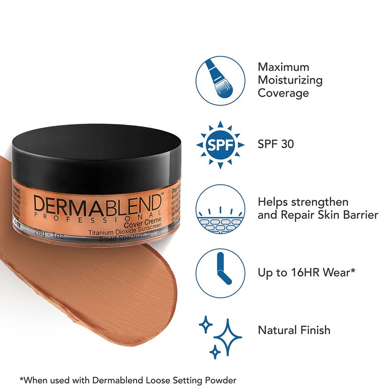 Dermablend Cover Creme High Coverage Foundation with SPF 30, 50C Honey Beige, 1 Oz.