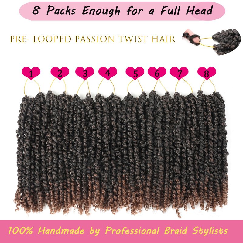 8 Packs 14 Inch Pre Looped Passion Twist Hair Bohemian Passion Twist Crochet Hair for Black Women Short Ombre Brown Pre-twisted Crochet Passion Twist Hair for Kids and Girls (14 Inch,T1B/30,8 Packs)
