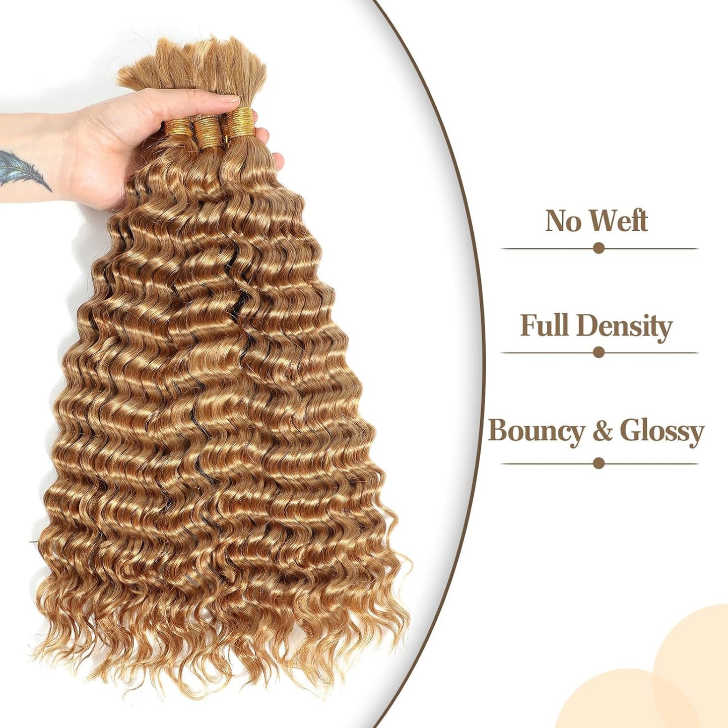 Braiding Hair Ubinica 27# Honey Blonde Deep Wave Bulk Human Hair for Braiding 2 Bundles Total 100g 16 Inch Deep Wave Bulk Braiding Hair for Boho Braids