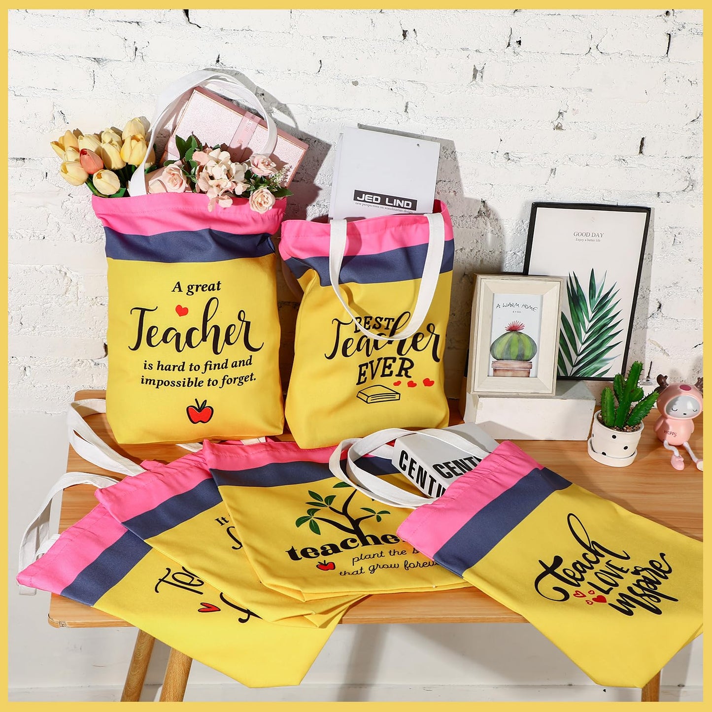 Cosblank 6 Pcs Teacher Appreciation Week Gifts Teacher Appreciation Day Canvas Tote Bag Bulk Travel Cosmetic Bags Portable Makeup Zipper Pouch and Canvas Tote Bag Reusable Gift for Nurses Employee