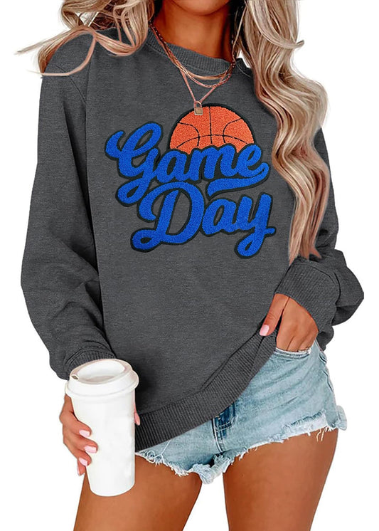 PICKID Basketball Game Day Sweatshirt for Women Game Day Chenille Patch Shirts Basketball Graphic Long Sleeve Tops Grey
