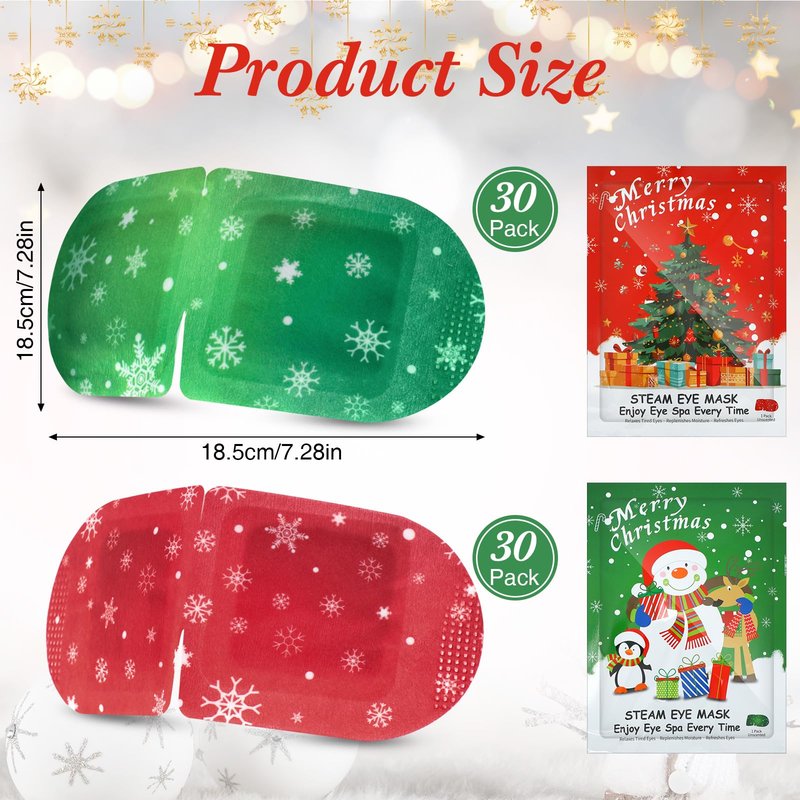 Demissle 60 Pack Christmas Steam Eye Masks Bulk for Dry Eyes Disposable Eyes Masks Cover Self Heating Red and Green Moist Heat Eyemasks Holiday Warm Eye Compress Gift for Women Home Office Travel