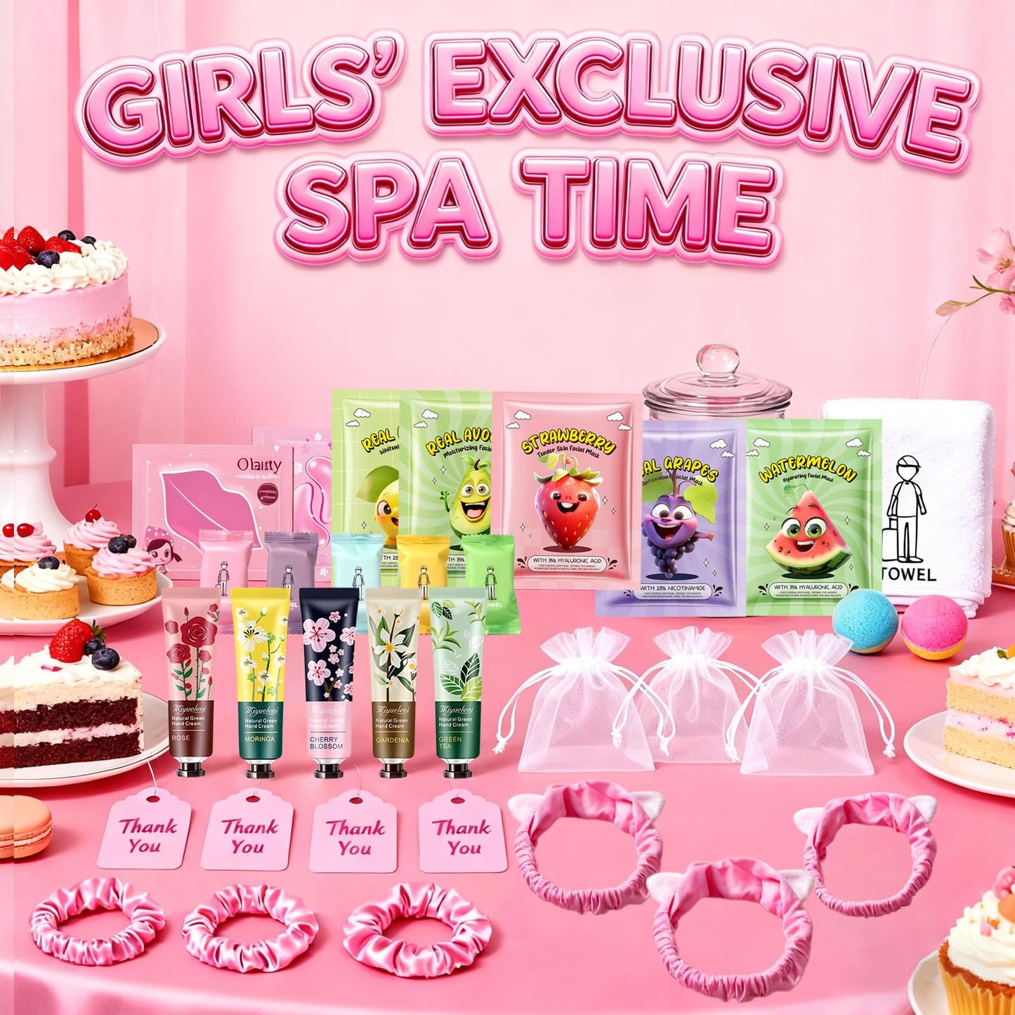 55PCS Spa Party Supplies for Girls, Spa Party Favors Face Masks, Hand Cream, Lip Balm, Lip Mask, Under Eye Patches, Foot Bath Bombs, Spa Birthday Sleepover Party Supplies, Spa Gifts for Women
