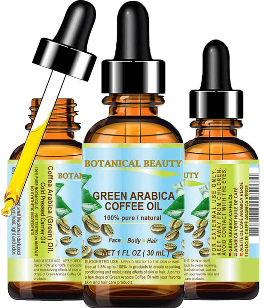 Botanical Beauty GREEN ARABICA COFFEE OIL Brazilian 100% Pure Virgin Unrefined for Face, Skin, Hair, Lip, Nails. Anti - Aging Face Oil (1 Fl Oz)