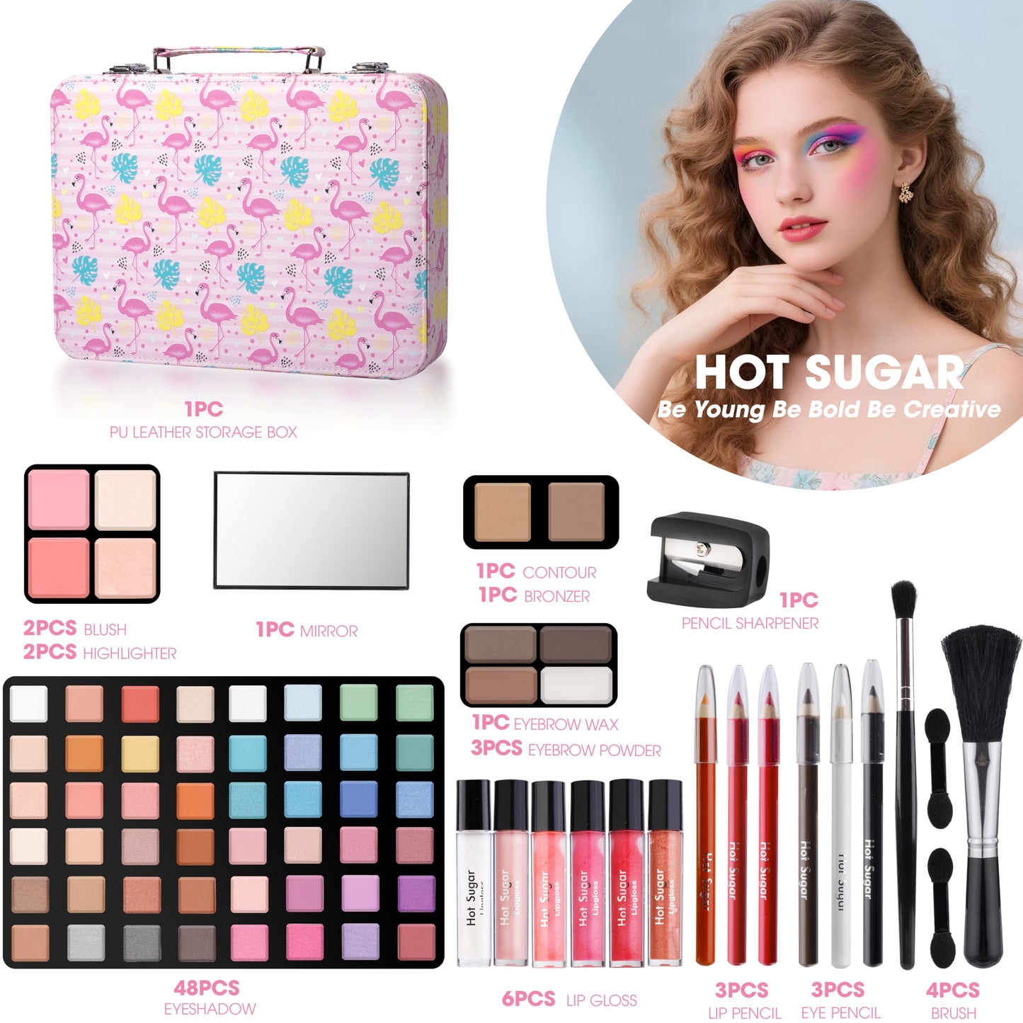 Hot Sugar Makeup Kit for Teenager Girls 13-15, All in One Beginner Makeup Kit for Women Full Kit, Teen Cosmetic Gift Set for Birthday Christmas (Flamingo)