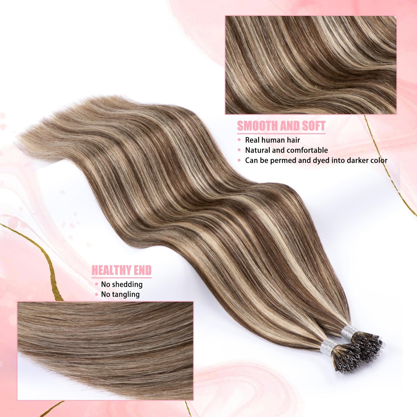 Senmy Microbead Hair Extensions Human Hair 14inch #4/613 Brown mix blond Nano Bead Hair Extensions Human Hair 1g/strand 50g Nano Ring Extensions For Women
