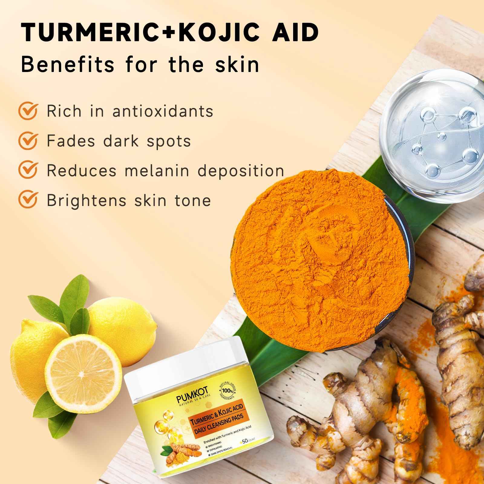 Pumkot Turmeric Kojic Acid Cleansing Pads, Turmeric Face Scrub Pads Enriched with Kojic Acid, 50PCS