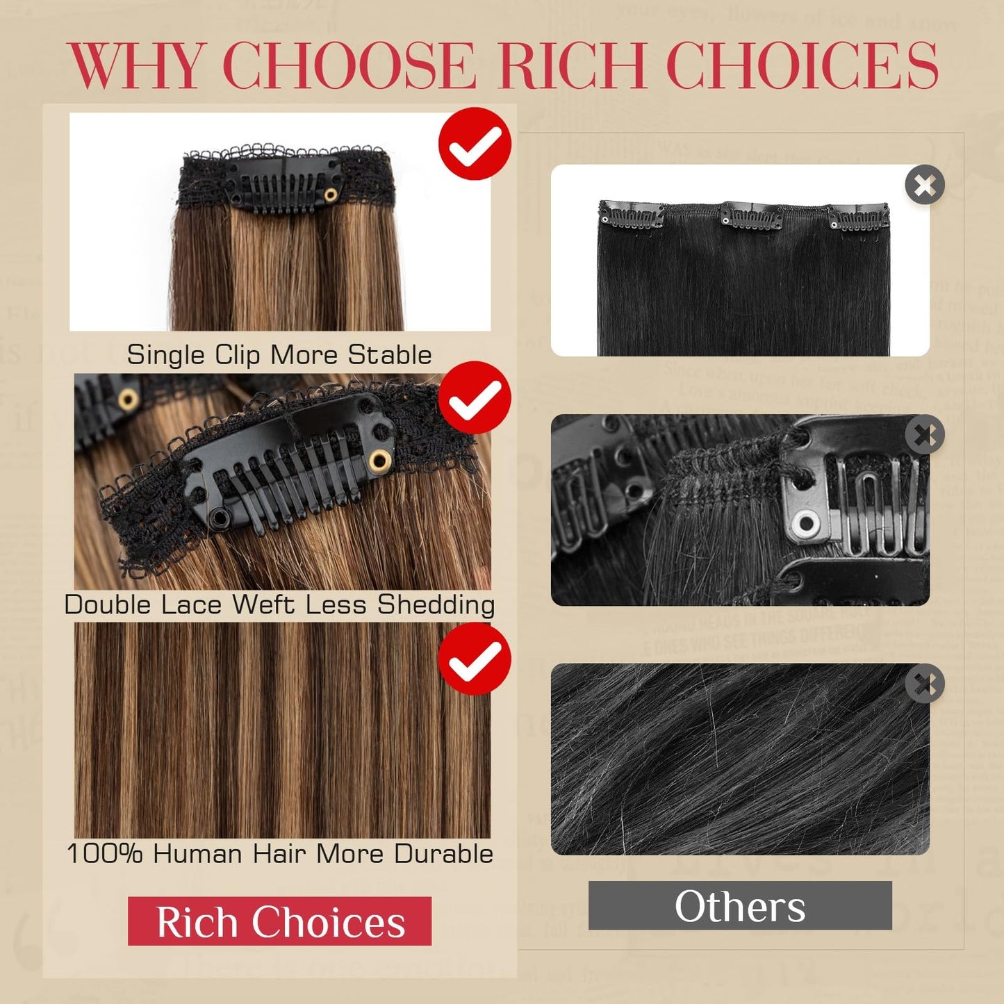 Rich Choices Real Human Hair Clip In Extensions-6 Pcs Single Clip Design-Invisible Clip in Extensions for Thin Hair-Hairpieces for Women/Men-14 Inches #2RP6 Chocolate Brown Highlight Light Brown