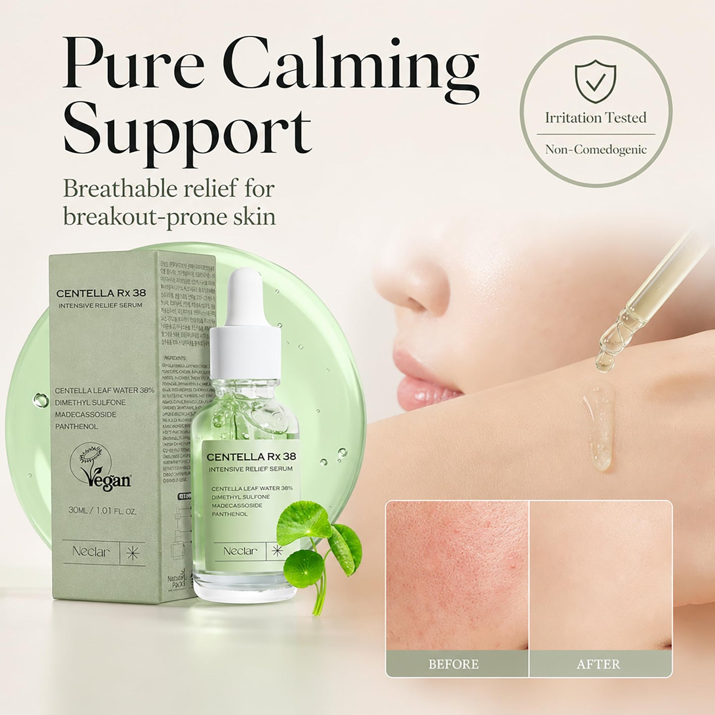 Korean Centella Asiatica Serum - Redness Corrector for Face - 38% Cica Leaf Water and Madecassoside - Ph Balanced - Barrier Support - Lightweight Calming - Rosacea Skincare - Centella Ampoule
