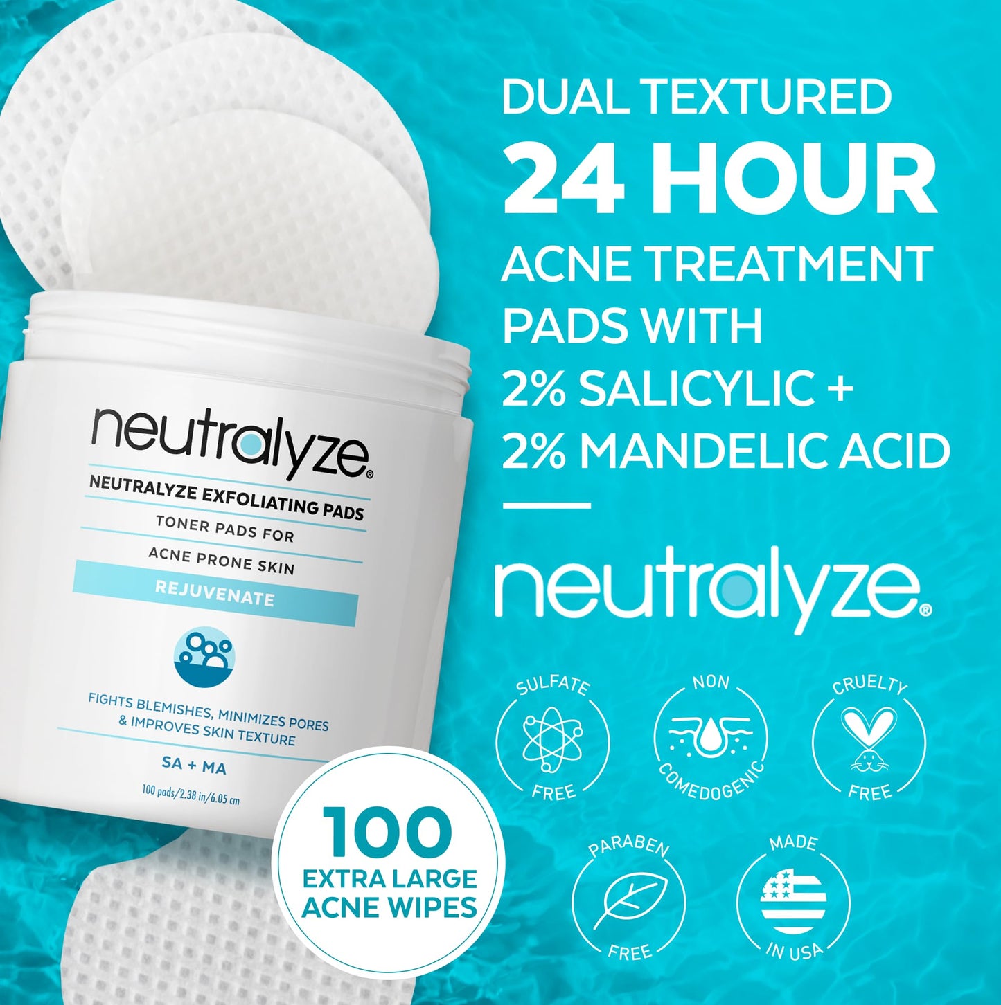 Neutralyze Acne Pads with DuoClear Acid System — 1% Salicylic + 1% Mandelic Dual-Textured Exfoliating Toner Pads for Face, Back & Body — Fragrance-Free, Low-Alcohol — Step 2 (100 ct)