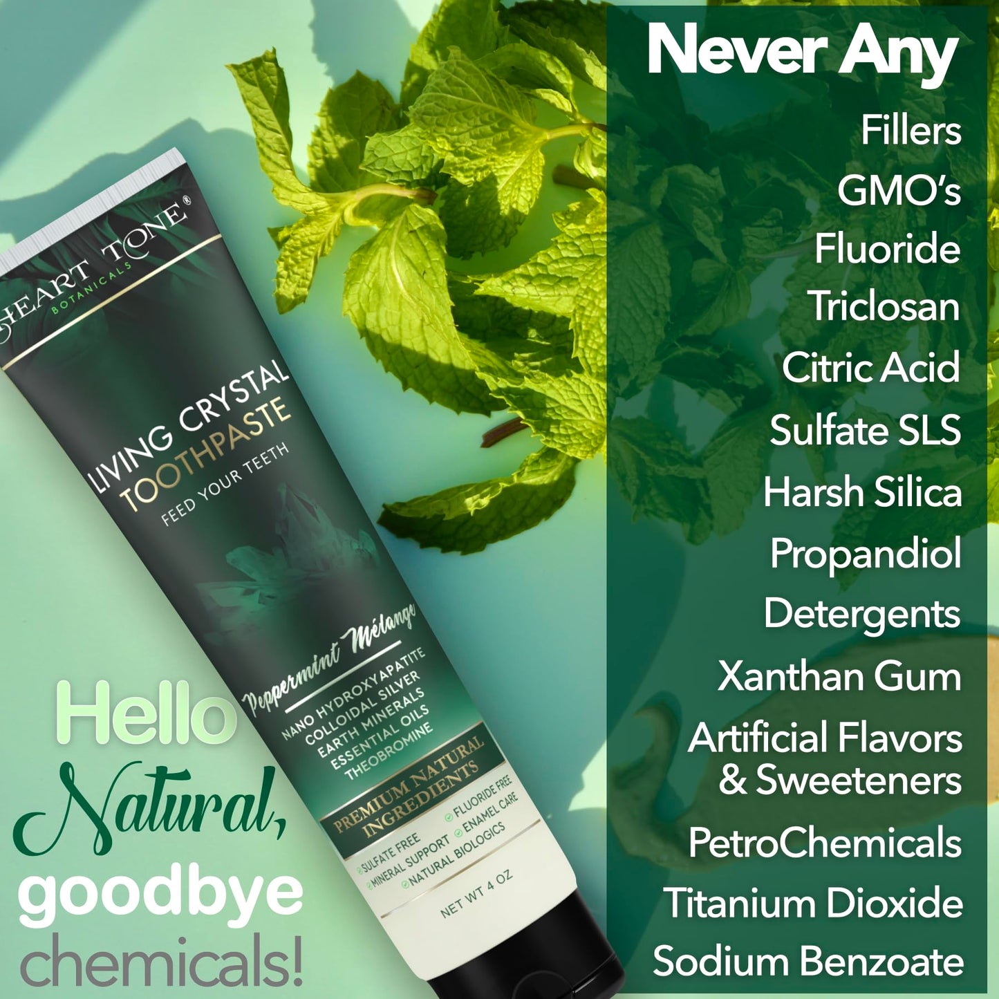 Heart Tone Botanicals Theobromine & Hydroxyapatite Toothpaste | Living Crystal | Fluoride Free | Colloidal Silver, Bentonite Clay, L-Arginine | Low Abrasion Tested | Mint