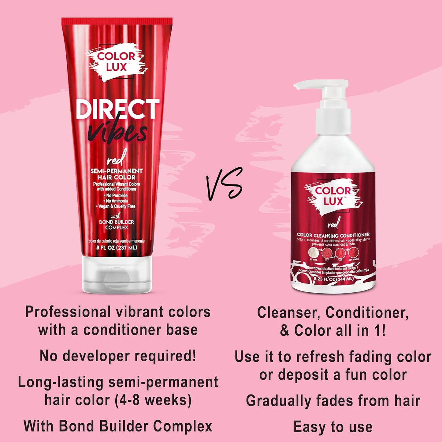 Vibrant Red Semi-Permanent Hair Color - Long-Lasting, Ammonia-Free & Vegan | 8 fl oz (Pack of 2)