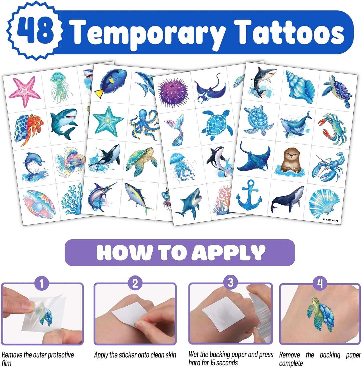 Ocean Party Favors for Kids - 72 PCS with 48 Pre-Cut Temporary Tattoos & 24 Punch Balloons | Birthday Decorations & Goodie Bag Fillers