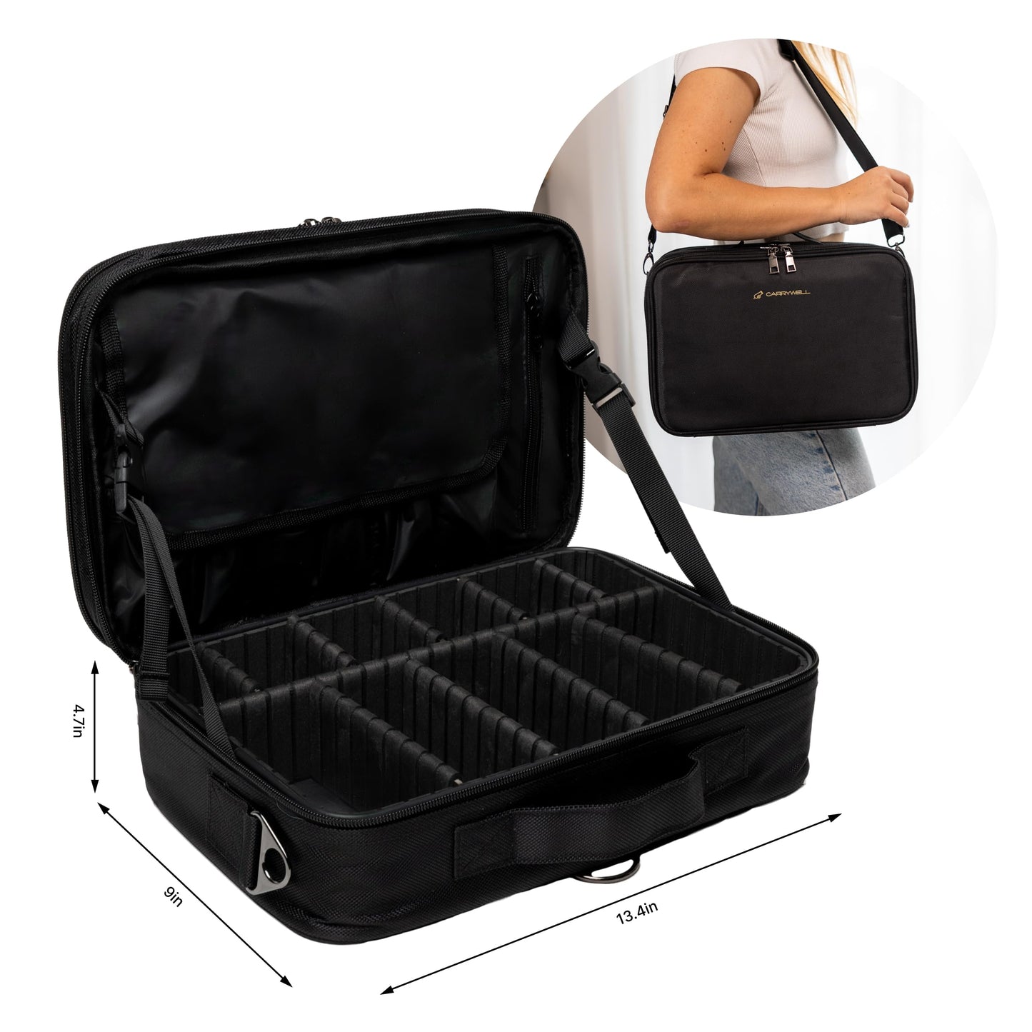 Carrywell Makeup Bag Travel Case, Not-Made In China, Hard Train Case for Cosmetics, Portable Beauty Artists Organizer, Storage Box With Adjustable Dividers For Make Up and Brushes, Medium Black