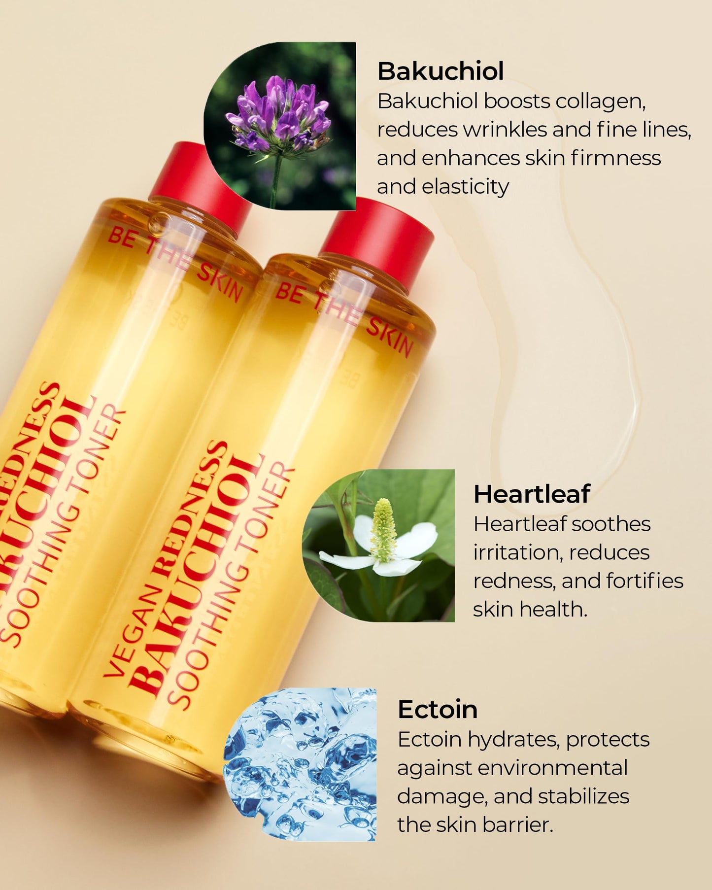 BE THE SKIN Vegan Redness Bakuchiol Soothing Toner - Ectoin + 7-Type Hyaluronic Acid, pH 5.5, Helps Calm Look of Redness & Support Skin Barrier, Alcohol-Free | Korean Face Toner 8.45 fl oz